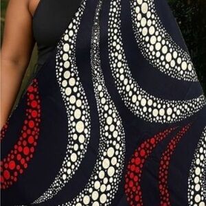 Bold Navy Dress with Red & White Dot Swirl